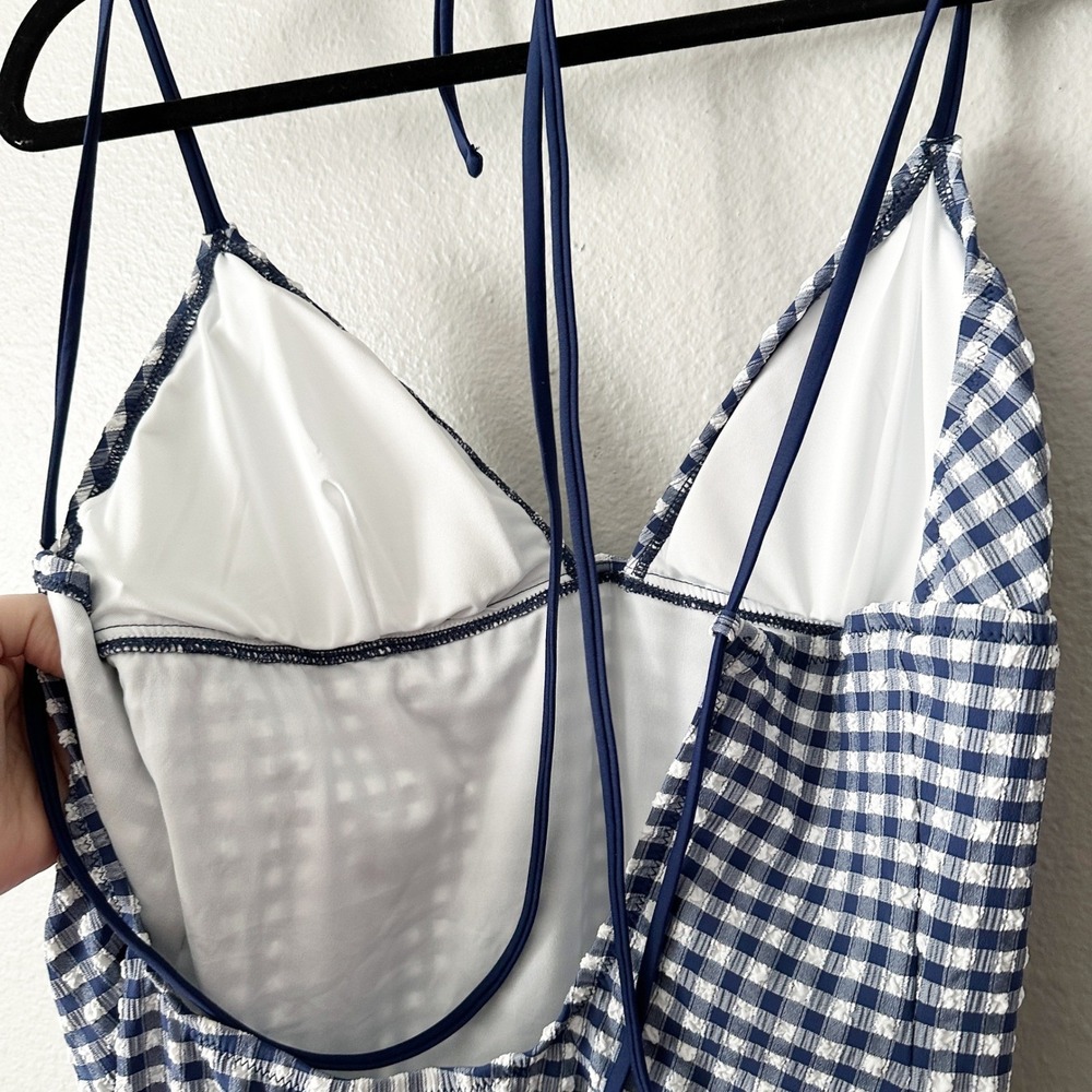 J. Crew Strappy Gingham‎ Navy One Piece Swimsuit Women's Size 12 NEW retro style - Picture 4 of 8